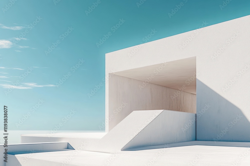Poster minimalist product display podium with white geometric shapes and blue sky background 3d rendering