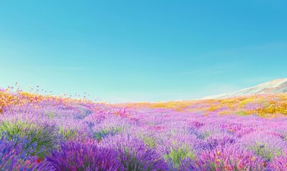 Naklejka premium The vibrant colors of blooming lavender against the backdrop of a clear blue sky, color, field