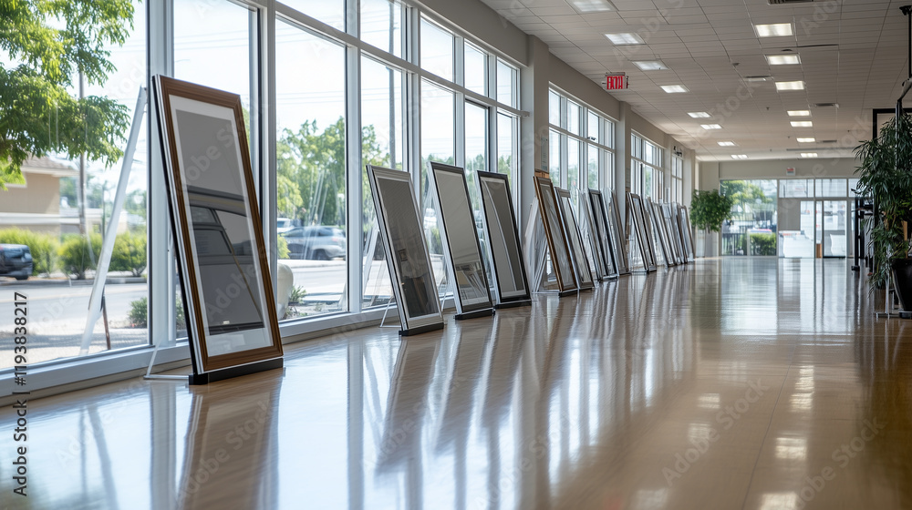 Poster aluminum window frames in various sizes and shapes displayed on polished stands in a spacious, well-