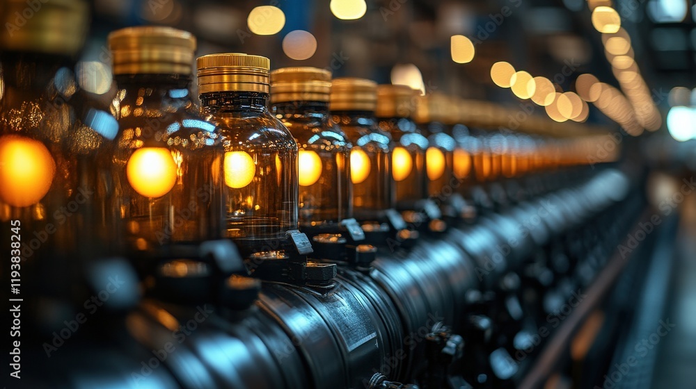 Poster close-up of glass bottles in a bottle filling machine with blurred industrial background and bright 