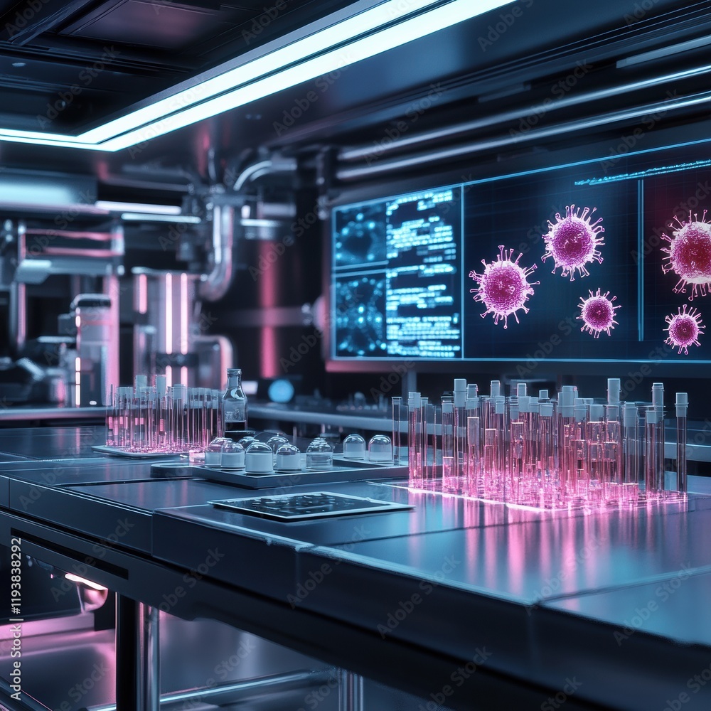 Fototapete Modern lab equipped with glowing monitors and test tubes displaying viral structures in a high tech environment. Generative AI