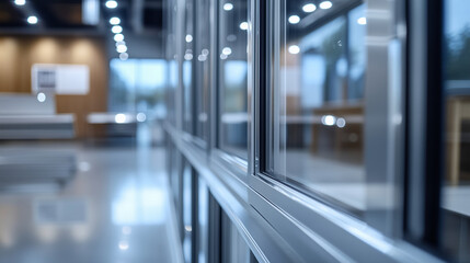 Close-up of aluminum window frames with intricate detailing and smooth edges, arranged under spotlighting in a stylish and modern showroom.