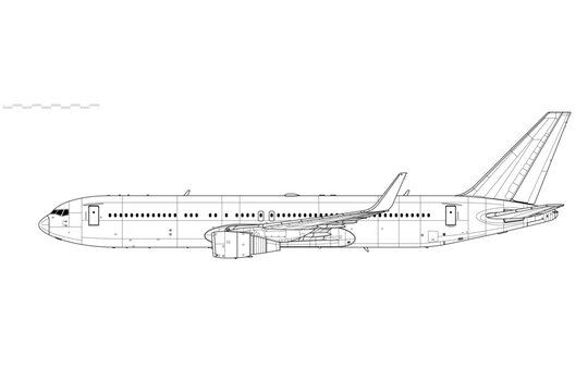 Boeing 767-300ER. Vector drawing of long-range, passenger jetliner. Side view. Image for illustration and infographics.