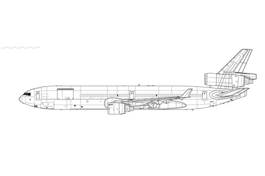 McDonnell Douglas MD-11F Freighter. Vector drawing of cargo aircraft. Side view. Image for illustration and infographics.