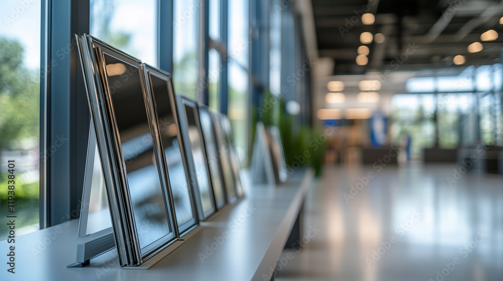 Poster an assortment of aluminum window frames, each crafted with precision and displayed in a high-end sho