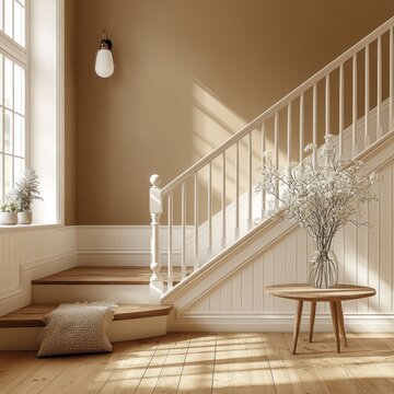 Minimalist Scandinavian Staircase with White Banisters and Wooden Handrail