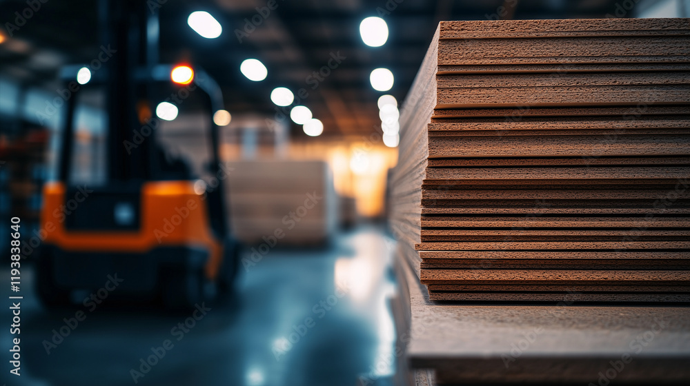 Poster close-up view of particleboard sheets stacked on a forklift, the textured surface of the boards illu