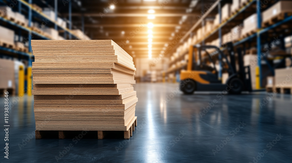 Poster a neatly arranged pile of particleboard sheets on a forklift, set against a background of an active 