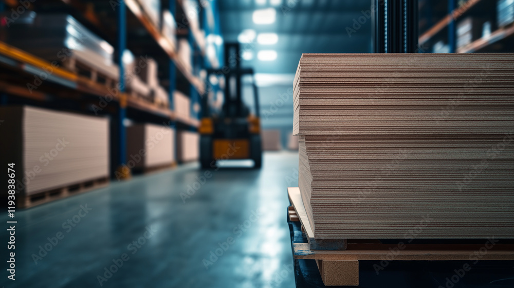 Poster a neatly arranged pile of particleboard sheets on a forklift, set against a background of an active 