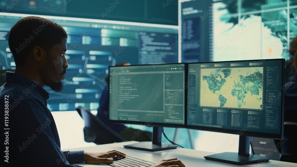 Poster cyber security experts team working on encryption and it security in a governmental agency. speciali