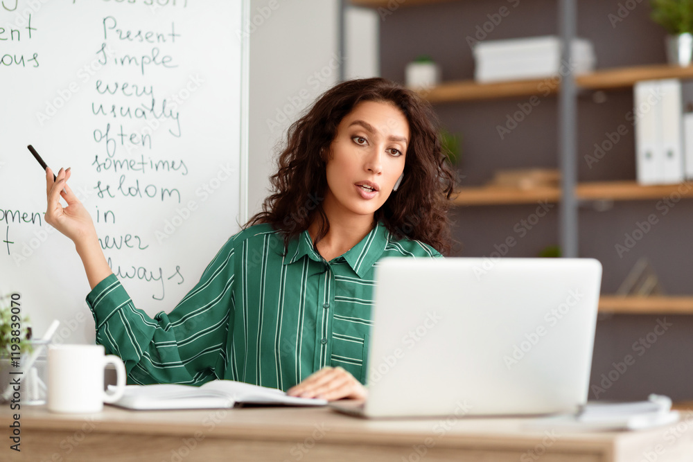 Poster elearning concept. portrait of serious lady teacher having video conference call using pc. lady in w