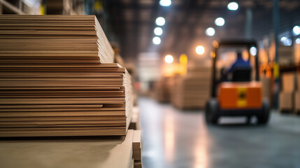 An organized stack of particleboard sheets resting on a forklift, framed by the bustling, high-ceilinged interior of a modern warehouse.
