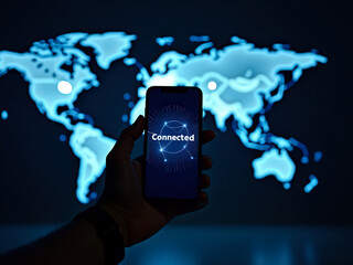 Silhouette of a hand holding a smartphone with a 'Connected' message, emphasizing global communication and networking. Background features a glowing digital world map