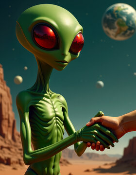 Scene depicting an alien and a human exchanging a handshake to symbolize peace, understanding and communication between species