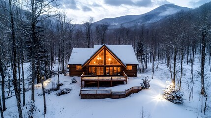 Mountain cabin retreat, rustic charm with modern amenities, open layout for ad text, cozy and inviting, perfect for vacation rental ads