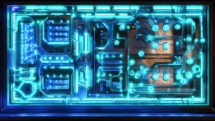 Obraz premium A sci-fi themed wall with glowing circuitry and neon accents, perfect for showcasing futuristic technology, electronic gadgets, or modern product promotions in a sleek and high-tech environment. 