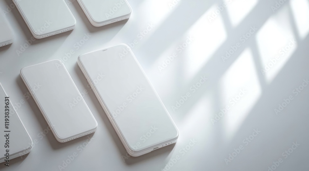 Poster minimalist smartphone mockup with white device silhouettes for app interface and web design presenta