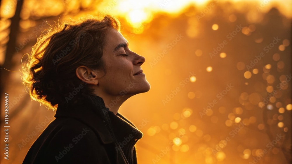 Aufkleber a serene portrait of an individual with warm softly lit features against a backdrop of vibrant gold 