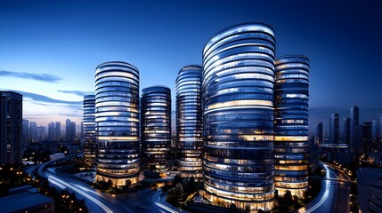 Night cityscape with illuminated high-rise apartments, polished design space for real estate ads, glamorous and upscale atmosphere