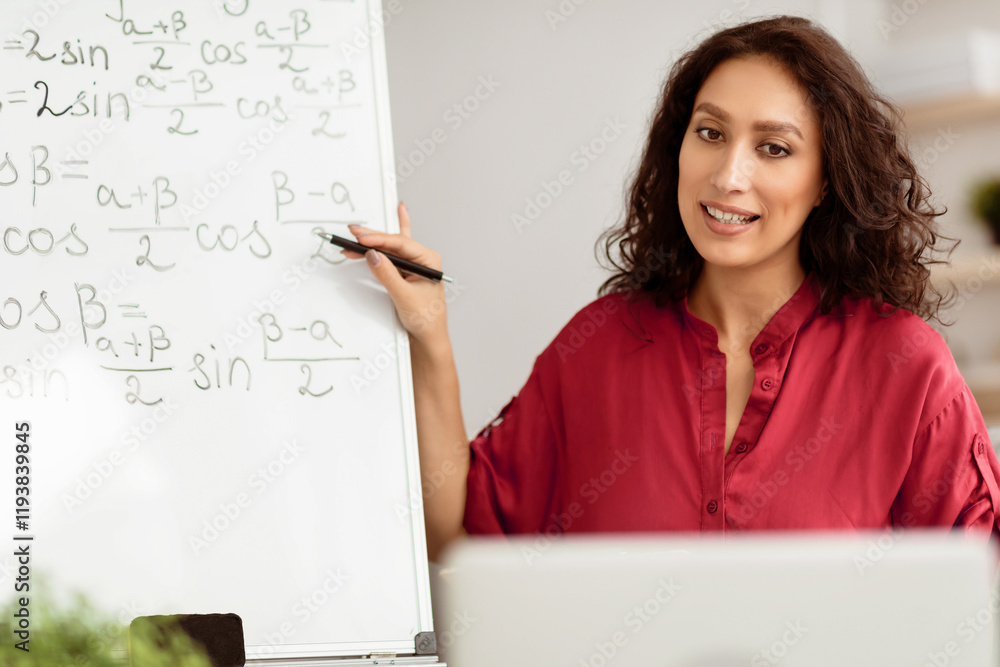 Poster E-learning During Covid Lockdown. College professor teaching mathematics on web, conducting online class from home. Portrait of millennial teacher explaining math problems on internet using pc