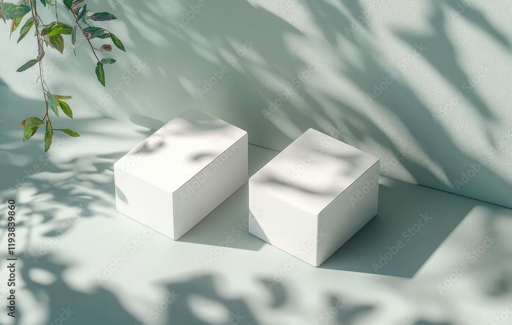 Aufkleber minimalistic still life composition with white rectangular blocks and green surface with plant shado
