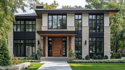 Modern Luxury Home Exterior Design: Two-Story Contemporary House with Stone Facade and Dark Windows