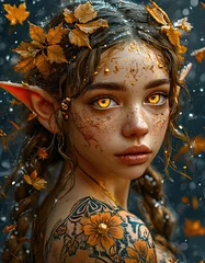 Portrait of a beautiful fairy girl with glowing yellow eyes in an autumn night forest. A fantastic creature, decorated with tattoos in an ethnic style. AI generated content.