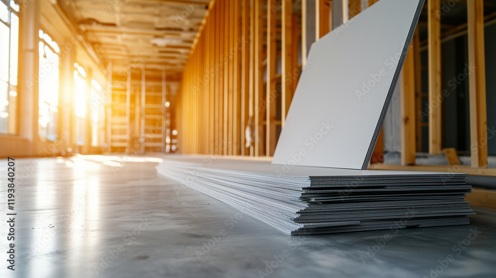 Poster a row of smooth plasterboard panels stacked against an unfinished wooden wall, with construction sca