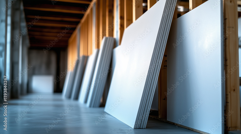 Poster an array of pristine plasterboard panels leaning at an angle against a wooden frame, set in a well-l