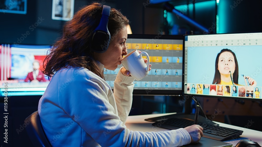 Poster photographer using editing software to edit photos and make adjustments while enjoying cup of coffee