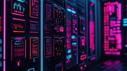 Futuristic Control Panel With Neon Lights And Data Displays