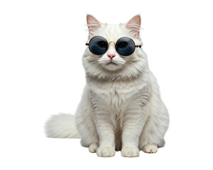 A fluffy white cat with piercing blue eyes sits calmly against a light white background, sporting a pair of large, round sunglasses.