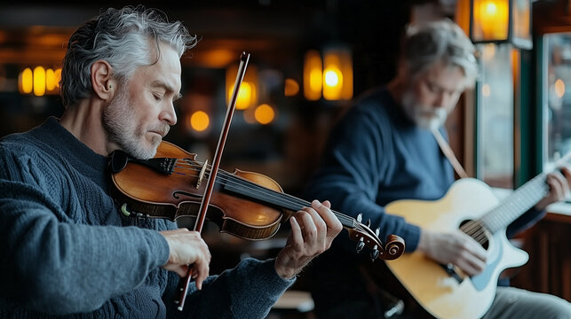 A fiddler passionately playing Irish melodies while seated next to a guitarist in an intimate pub setting