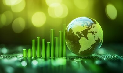 Globe on a Rising Green Bar Graph Against a Blurred Green Background