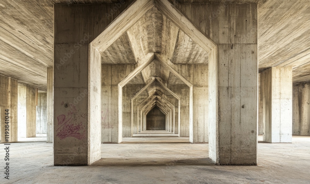 Aufkleber abstract architecture background, empty rough concrete interior with diagonal columns.