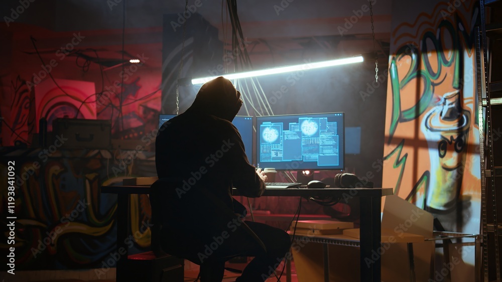 Poster hacker in hidden location with graffiti walls using pc to deploy malware on unsecured devices, steal