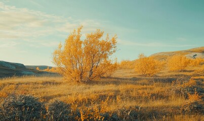 Fototapeta premium Tundra landscape with golden autumn colors and trees, landscape photography, Arctic environment