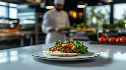 A fresh shawarma in lavash lies on a minimalist white table, with a blurred contemporary food studio featuring vibrant ingredients in the background.