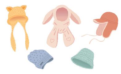 Winter headwear collection. Faux fur hats with ears, caps and scarfs for cold weather isolated on white background. Hand drawn vector illustration.