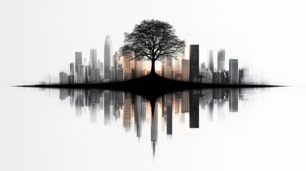 minimalist monochrome cityscape, central tree breaking through urban structures, concept of nature coexisting with city, dynamic shot, isolated on white background