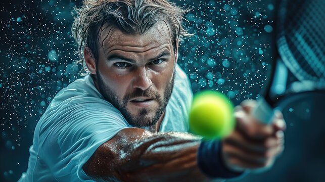 A close-up shot of a male tennis player intensely focused on hitting a tennis ball, with water droplets splashing around him.