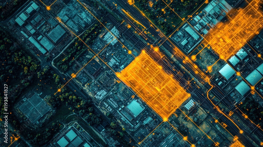Aufkleber aerial view of urban landscape with digital overlay highlighting infrastructure and connectivity, em