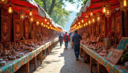Obraz premium A Sunny Sidewalk Scene: Tables, Items, People, and Trees on a Busy Day