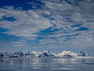 Svalbard, Norway. Landscape of ice sheets, mountains and bay.
