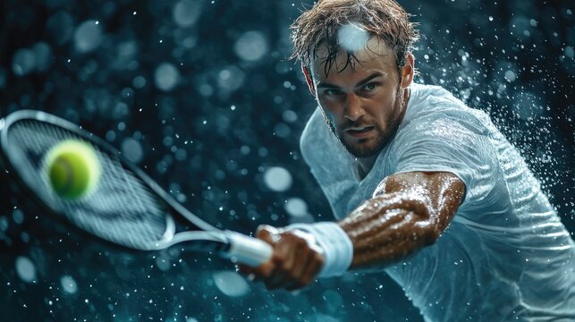 A male tennis player intensely focuses on hitting a tennis ball during a dynamic match, captured in a close-up shot with water droplets and a dark background. 