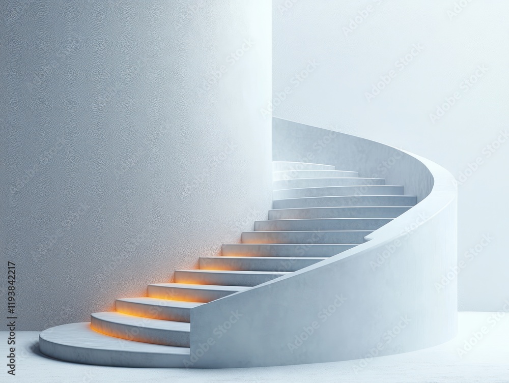 Poster minimalist curved staircase with round platform in soft lighting