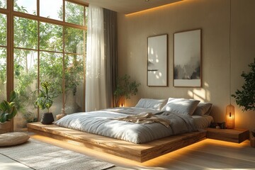 Cozy Minimalist Bedroom with Wooden Bed and Gray Bedding