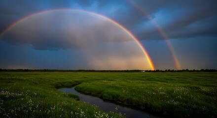 Double rainbow over a lush meadow.