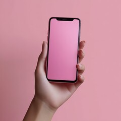 Minimalist Still Life of Hand Holding Smartphone with Blank Screen Against Soft Pink Background