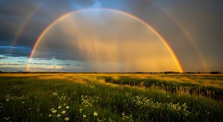 Naklejka premium Double rainbow over a golden sunset meadow. Cloudy sky. Beautiful wildflowers.